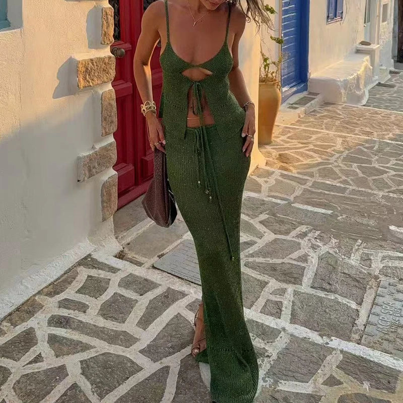 LIZAKOSHT  -  Elegant Off Shoulder Sling Top & Skirt Outfits Sexy Sleeveless Hollow Out Long Skirt Set Women Fashion Backless Slim Beach Suit