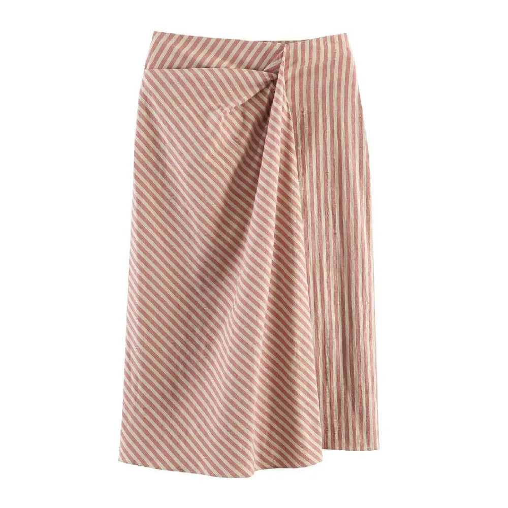 LIZAKOSHT  -  Spring Summer Vintage Orange Apricot Stripes Print Midi Long Skirt Women Front Ruched Side Zipper Low Waist Skirts Femme Sakers