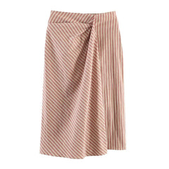 LIZAKOSHT  -  Spring Summer Vintage Orange Apricot Stripes Print Midi Long Skirt Women Front Ruched Side Zipper Low Waist Skirts Femme Sakers