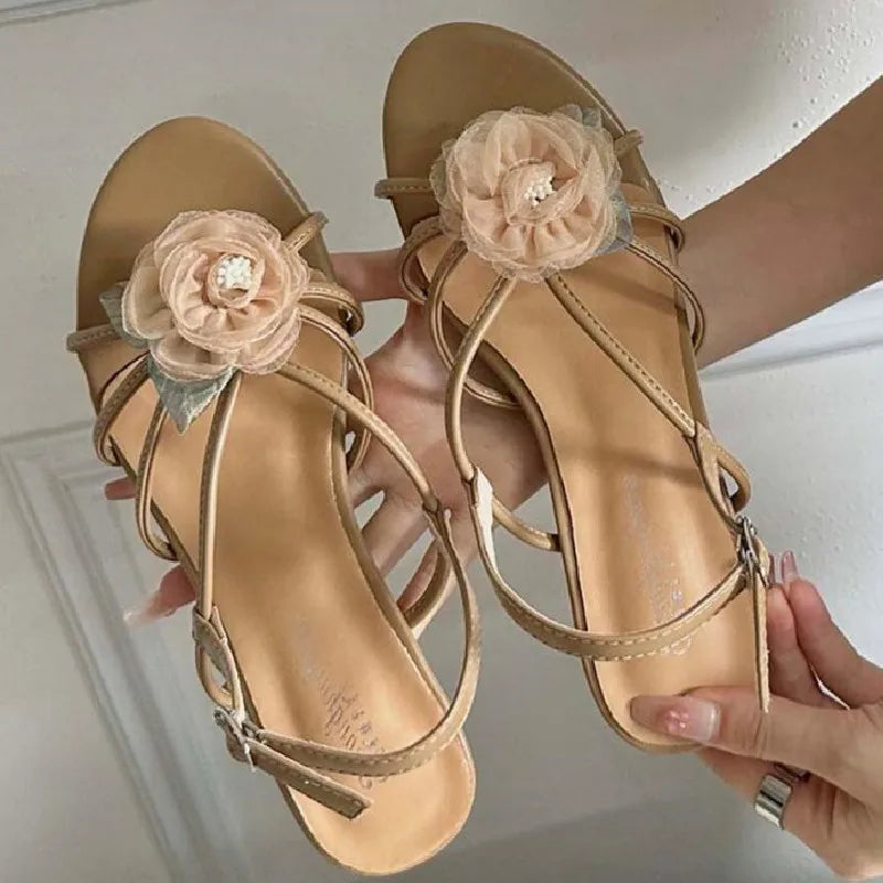LIZAKOSHT  -  Floral Narrow Strap Designer Branded Sandals for Ladies Summer Open Toe Low Heeled Pumps Elegant Party Dress Buckle High Heels