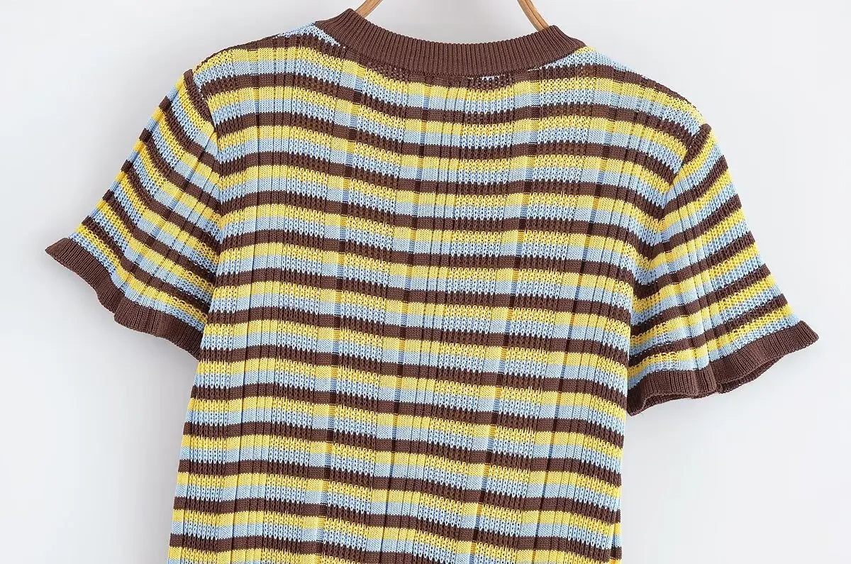 LIZAKOSHT  -  Summer Women's T-Shirt Tops 2025 New Chic Elastic Slim O-neck Striped Tops Women's Street Fashion Joker Youth Knitted T-Shirt