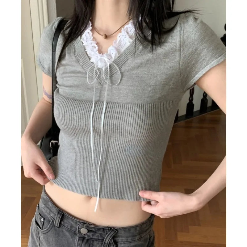 LIZAKOSHT  -  V-neck Bow Lace Up Casual Knit Short-sleeved T-shirt Women 2024 Summer New High Street Contrast Color Patchwork Sexy Crop Tops