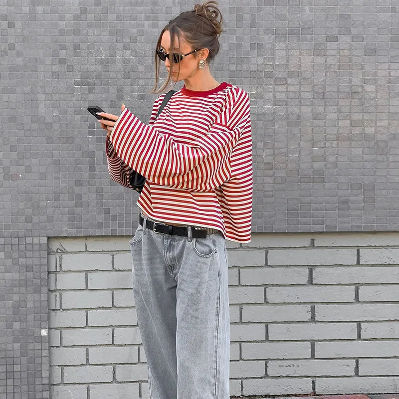 LIZAKOSHT  -  Casual Striped T-shirts for Women 2025 Autumn O-neck Long Sleeve Loose Tops Tees Female Contrast Color T Shirt Streetwear