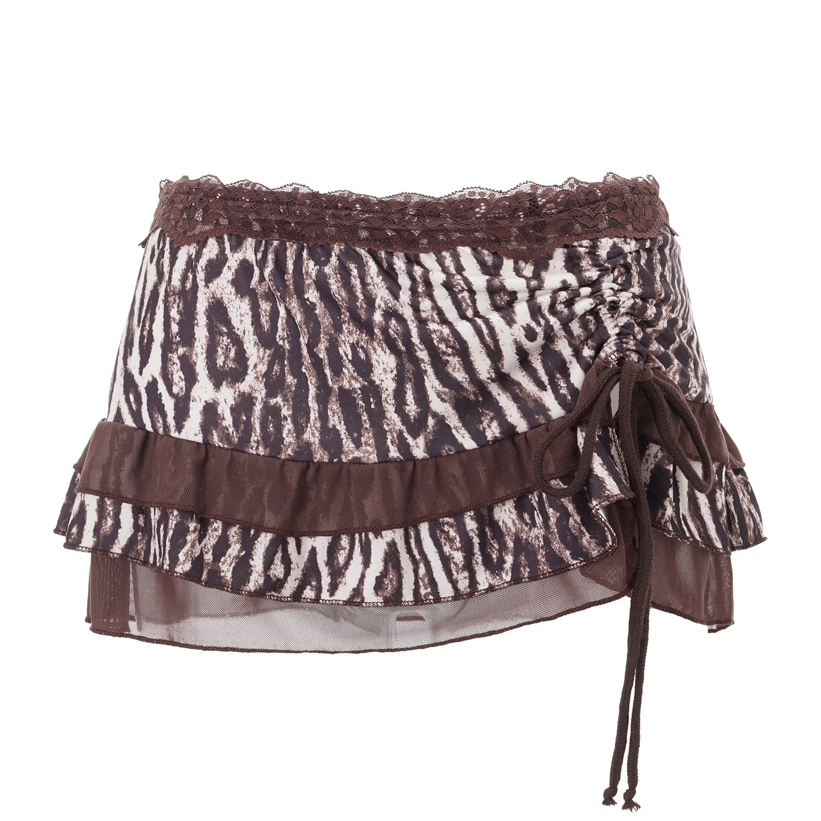 LIZAKOSHT  -  00s Vintage Aesthetic Mini Skirt Coquette Women Fairy Lace Trim Low Rise Short Skirt Y2k Leopard Print Tiered Miro Pencil Skirt