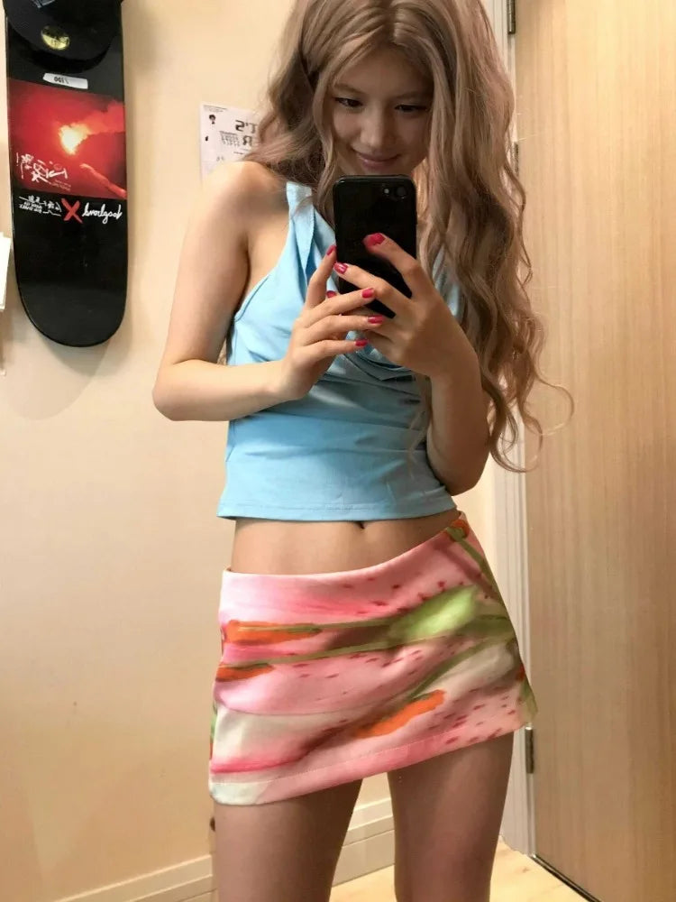 LIZAKOSHT  -  Y2k Aesthetic Mini A-Line Skirt Pink Printing Streetwear Saldas Mujer Moda 2024 Harajuku Zipper Grunge Skirts Women Summer Saia