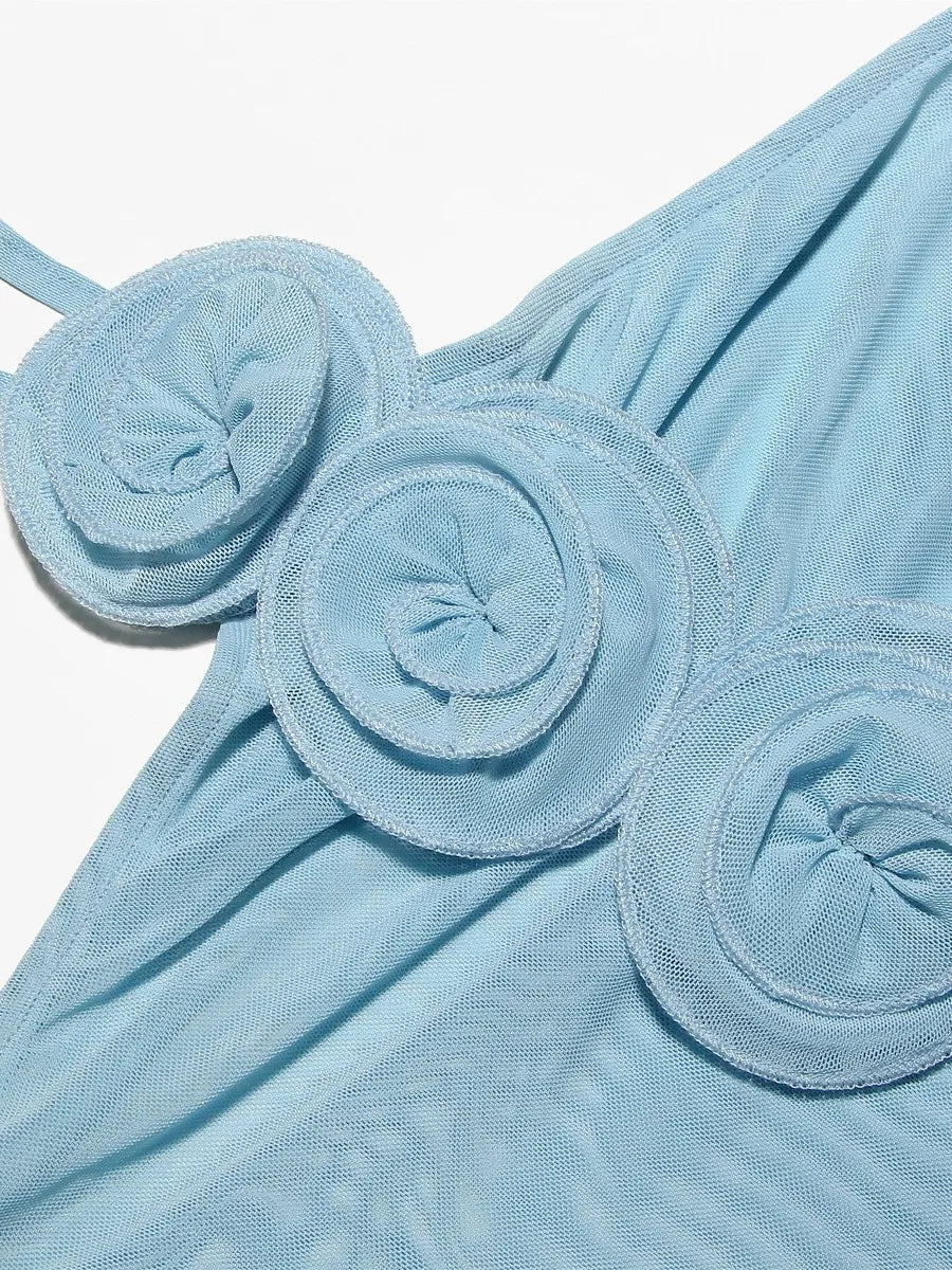 LIZAKOSHT Mesh Sexy Flower Decor Halter Dresses 2024 New Summer Sleeveless Backless Beach Holiday Party Dress Elegant Fashion Sheer Robe