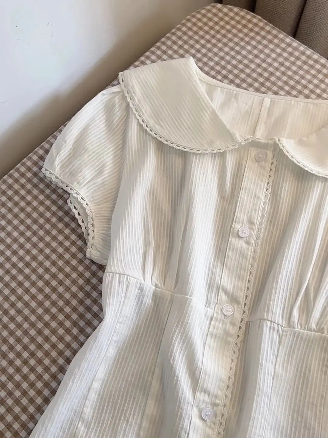LIZAKOSHT  -  Lace Trim White Striped T-shirt Blouse Woman Summer Back Lace-up Short Puff Sleeve Shirt Vintage Sweet Slim Solid Crop Tops Y2k
