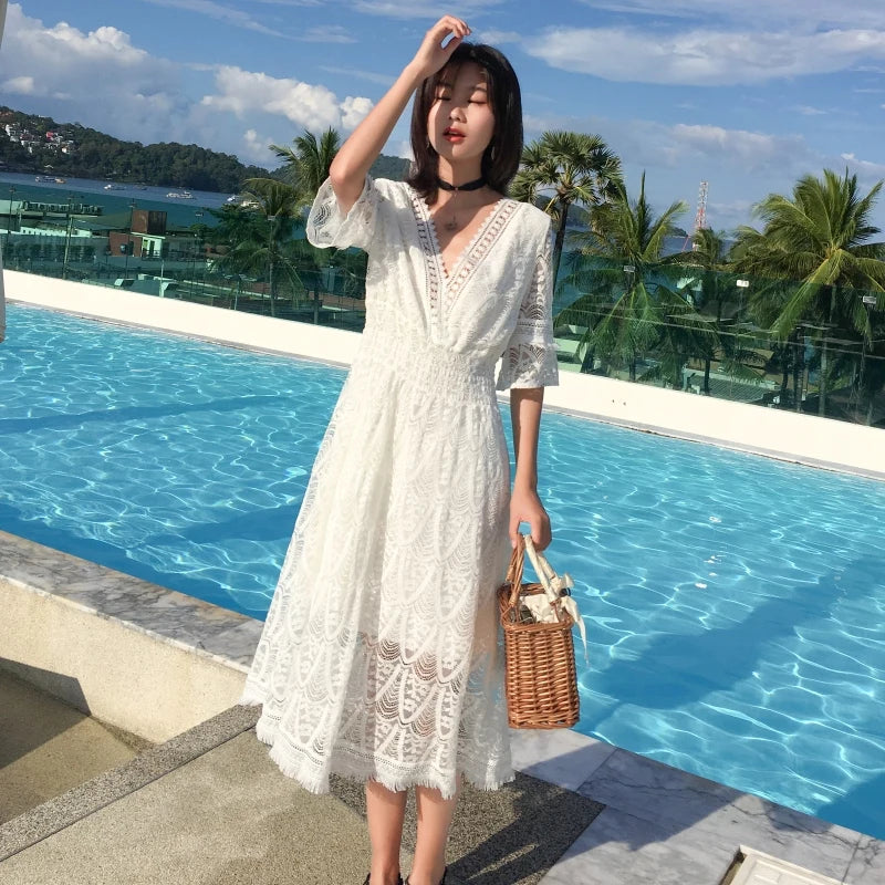 LIZAKOSHT  -  White Beach Dr Women's Summer New Orange Bellflower A-Line Midi Dr Sweet V-Ne ort Sve