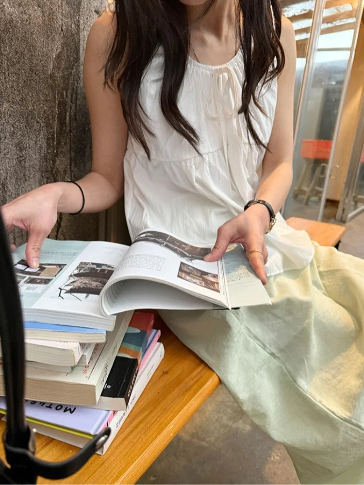 LIZAKOSHT  -  Knot Tied Waist irt Vest Pleated Cotton 00% Women's Summer Faion Casual Breathable ort Sve Top