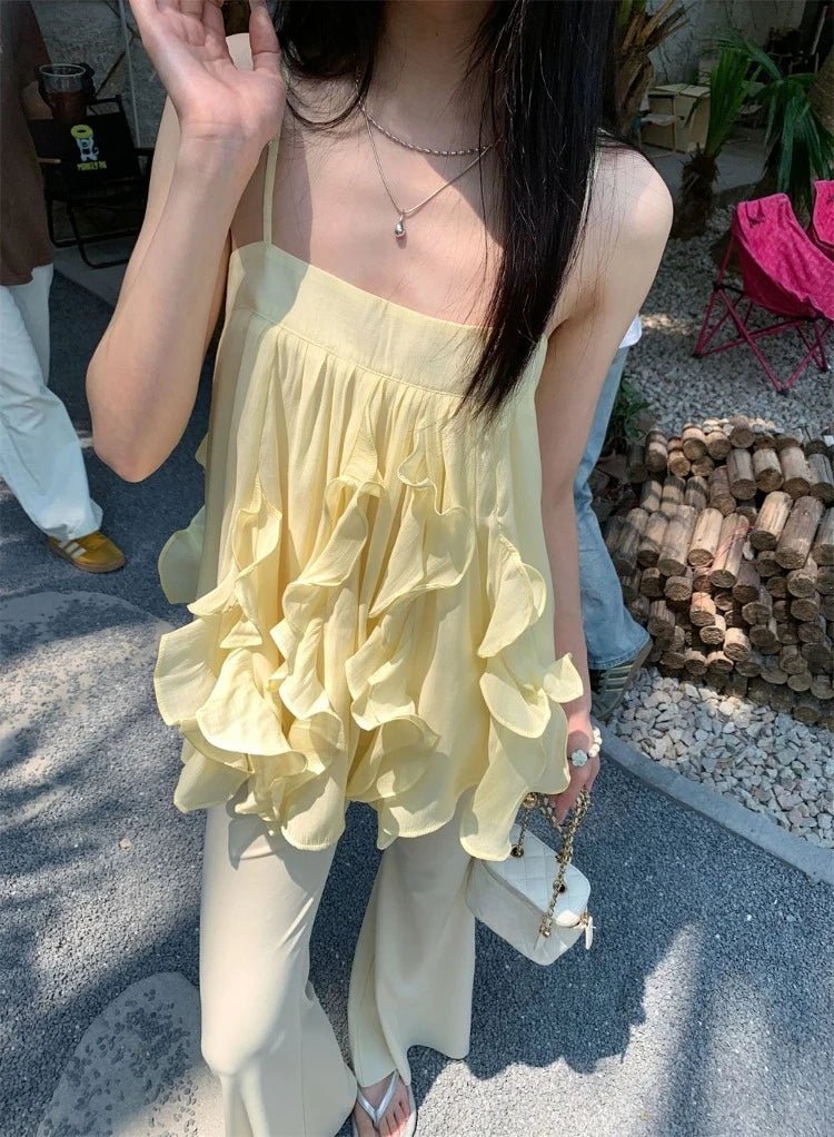 LIZAKOSHT  -  Camis Women Sweet Ruffles Patchwork Slash Neck Backless Summer Fashion Solid Tank Tops Female French Style Chic