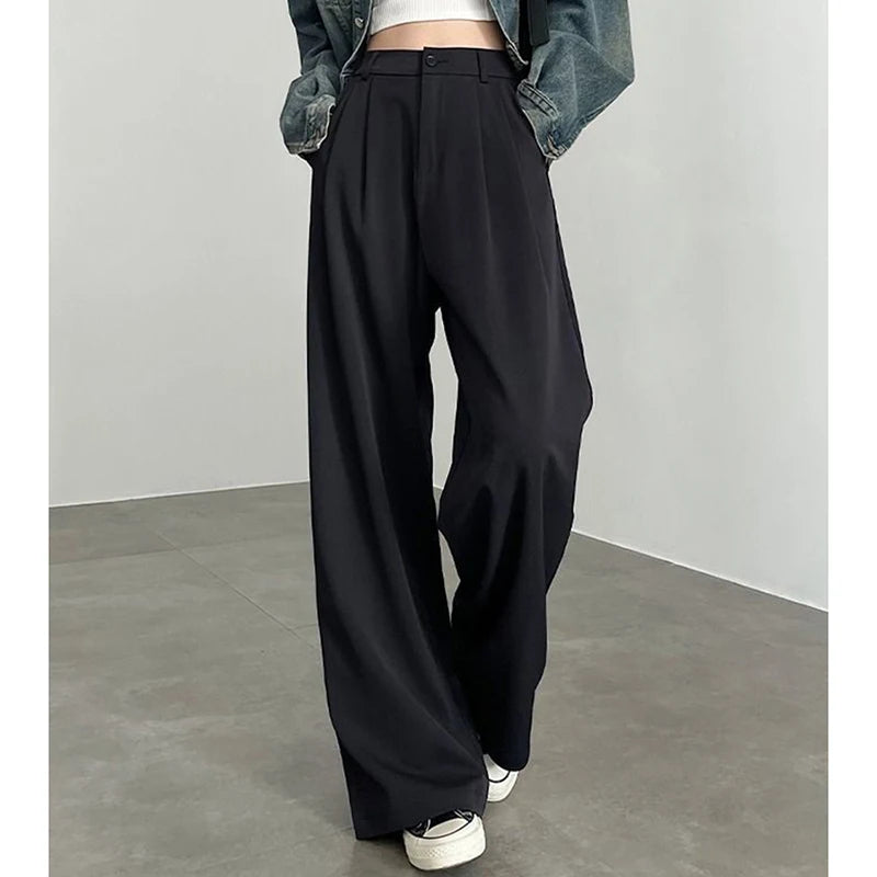 LIZAKOSHT  -  Korean White Wide Leg Pants Women Elegant Classic High Waist Casual Trousers Straight Cut Office Lady Commuter Suit Pants