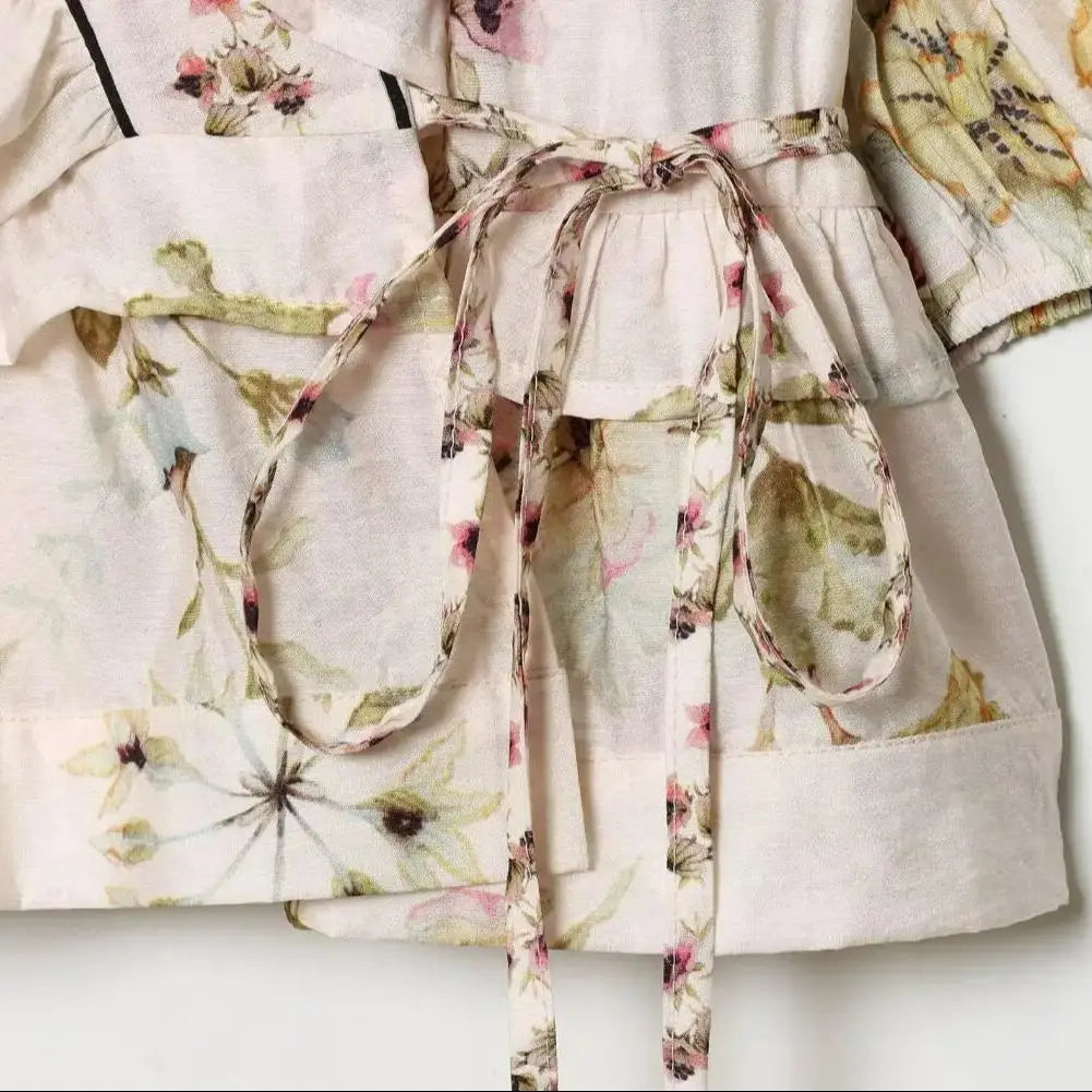 LIZAKOSHT  -  BOHO Light Pink Floral Print Tie Bow Sashes Wrap Shirt Short Women V neck Puff Sleeve Wood ears Waist Kimono Blouse Holiday Cape