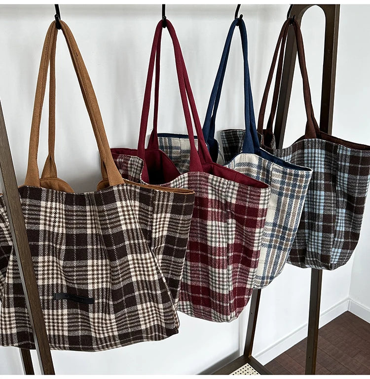 LIZAKOSHT  -  Autumn and Winter Woolen Plaid Shoulder Bag Double Sided Use Handbag Large Capacity Tote Bags For Women