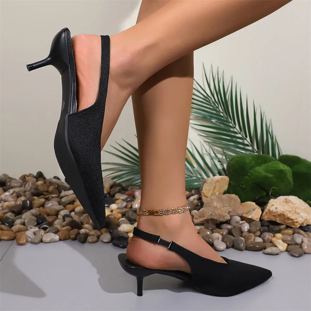 LIZAKOSHT  -  Big Size 43 Elegant Black Kitten Heels Slingback Pumps Classic Pointy Toe Slip On Office Lady Shoes Women