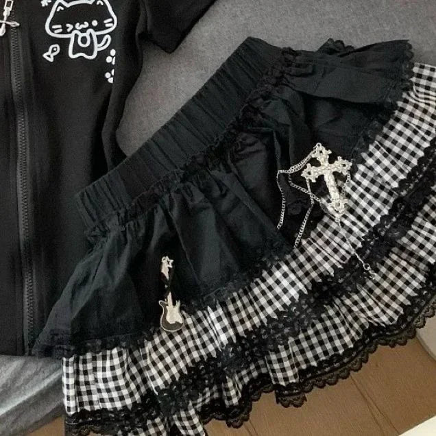 LIZAKOSHT  -  Mini Women's Skirts Japanese Jupe Streetwear Patchwork Lace Plaid Saia Faldas Mujer De Moda A-line Fashion Punk Y2k Skirt