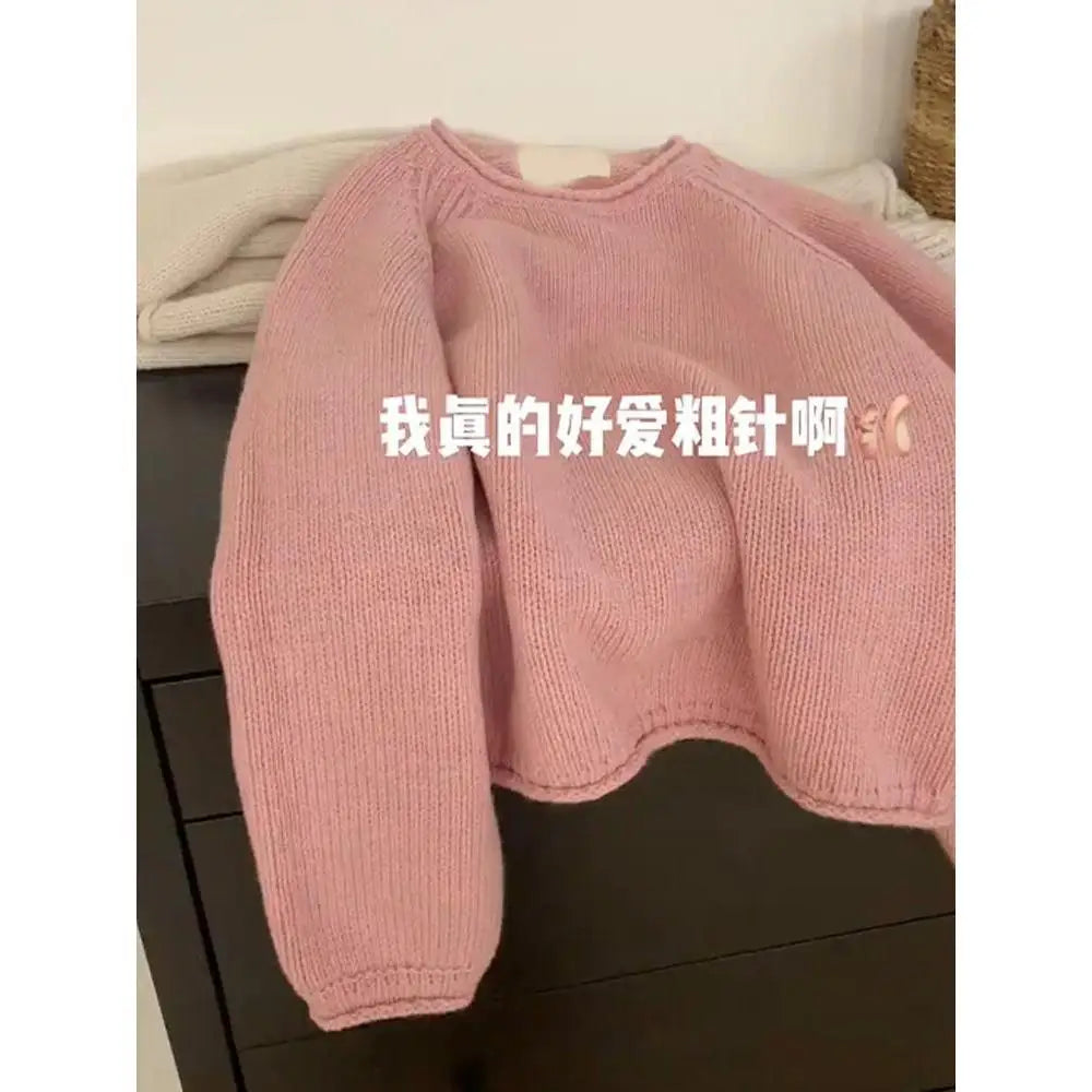 LIZAKOSHT  -  Sweater for Women Casual Soft Warm Sweater Solid Lantern Sleeve Knitted Short Pullovers Korean Loose Outerwear White Jumper