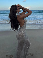 LIZAKOSHT  -  Sequin Halter Beach Dress Large Backless Neck Hanging Waist Cinched Slim Fit Wrap Hip Long Dresses Micro Perspective Sexy Robes