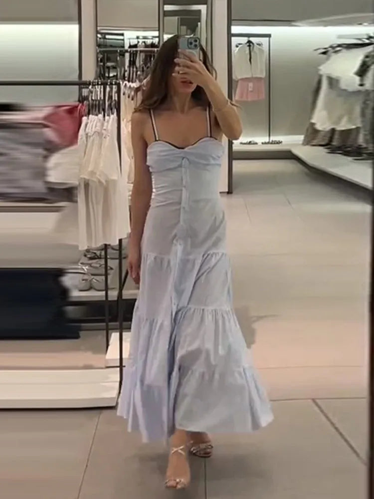 LIZAKOSHT  -  Fashion Striped Patchwork Slip Long Dress Women Loose Sleeveless Single Breasted A-line Maxi Dress New Chic Street Lady Vestidos