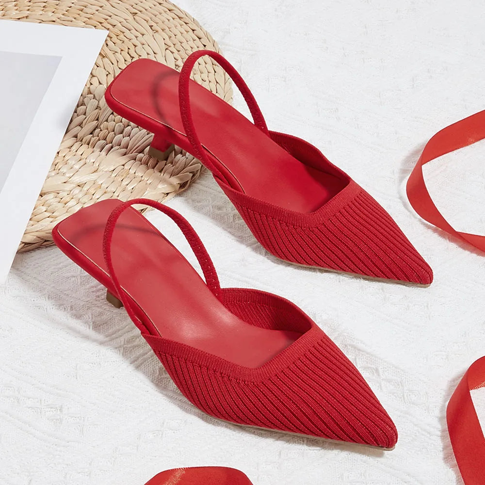 LIZAKOSHT  -  Elegant Black Kitten Heels Slingback Sandals Women Green Yellow Pointed Toe Slip On Knitting Red Office Lady Shoes Big Size 42
