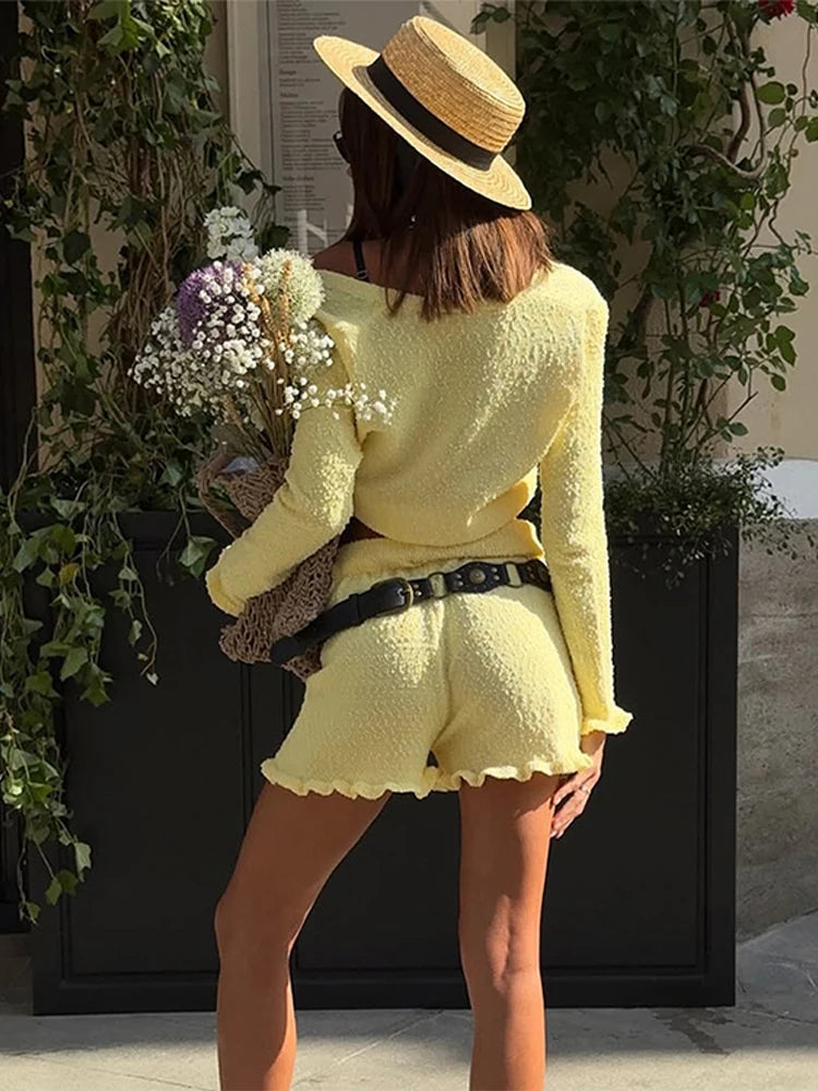 LIZAKOSHT  -  Fashion Y2K Ruffles Mini Shorts Set Women Long Sleeve Single Breasted Crop Top Loose Pants 2025 Summer Fashion Lady Outfit