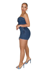 LIZAKOSHT  -  Stretch Denim Short Two Piece Set for Women Summer Sexy Button Strapless Tube Crop Top + Culottes Shorts Skinny Streetwear Suits