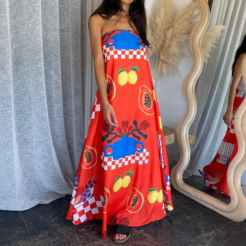 LIZAKOSHT  -  Beach Holiday Strapless Maxi Tube Dress Vintage Fruit Print Backless Swing Loose Dress Women Summer Boho Off Shoulder Long Dress