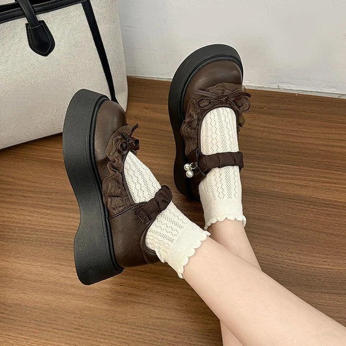 LIZAKOSHT  -  British Style Vintage Women Mary Jane Shoes Concise Butterfly-knot Single Shoes Ladies Height Increase Dress Leather Pumps