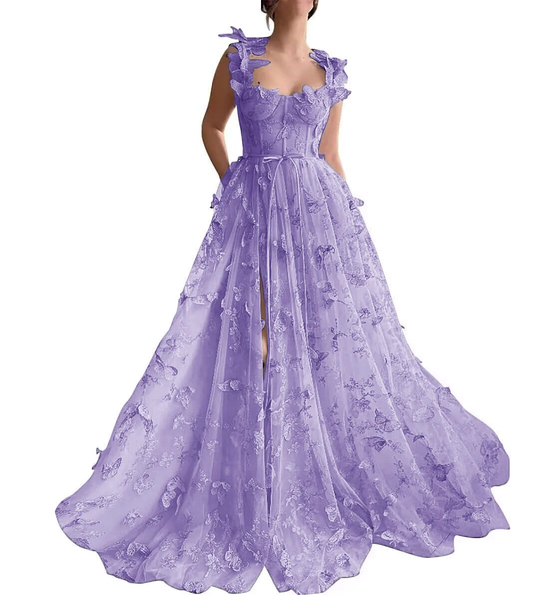3D Butterfly Tulle Prom Dresses for Women 2024 Lace Applique Princess Long Ball Gown with Slit Graduation School Party Gown