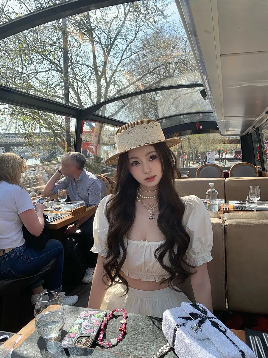 LIZAKOSHT  -  Cute Set Women's Summer Short-sleeved Square Collar Top High Waist A-line Skirt Two-piece Set Fashion Female Clothes