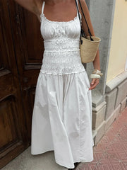 LIZAKOSHT  -  New 2026 Summer White Ruched Long Dresses Women's Spaghetti Strap Cotton Slim Fitted Waist Dress