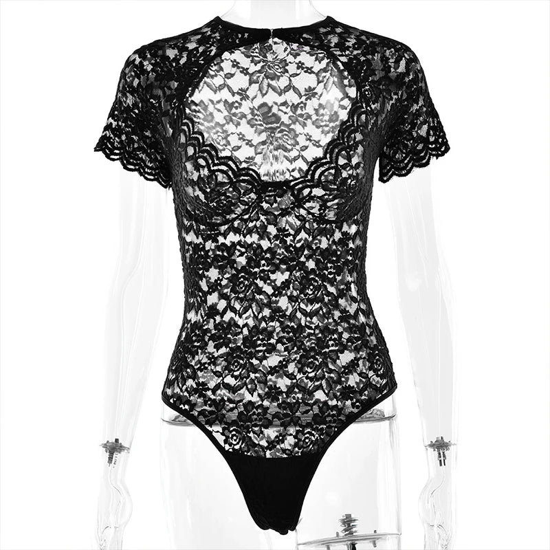 LIZAKOSHT  -  Charming Sexy Women's Lace See Through Hollow Short-sleeved Bodycon Fashion Floral 1Pcs Bodysuits 2025 Nightclub Streetwear