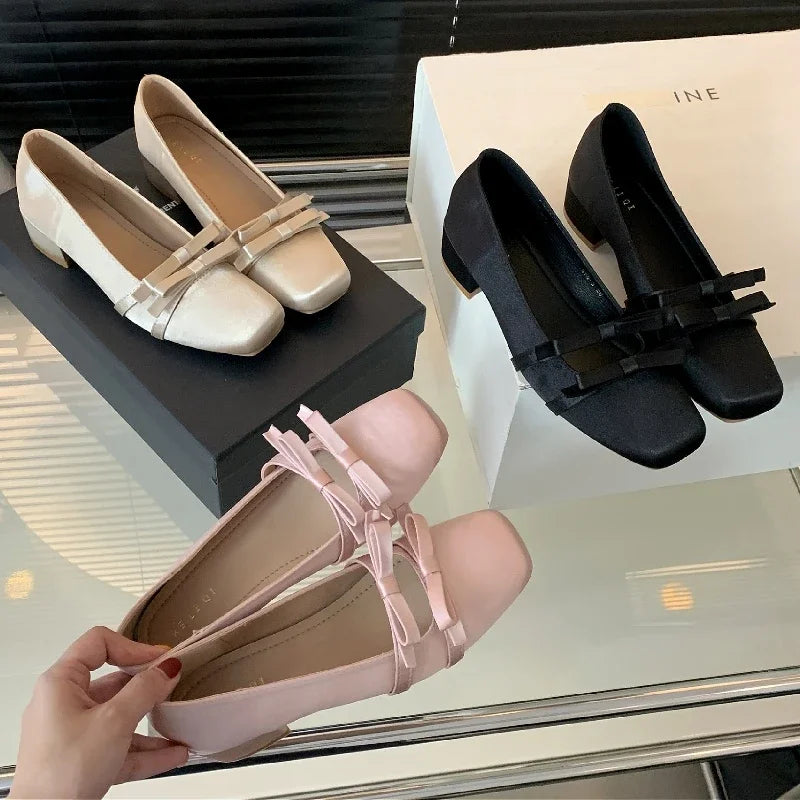 LIZAKOSHT  -  Satin Bow Fashion Mary Jane Shoes Women Sweet Shallow Chunky Dress Shoes Female Comfort Elegant Low Heel Square Toe Pumps Women