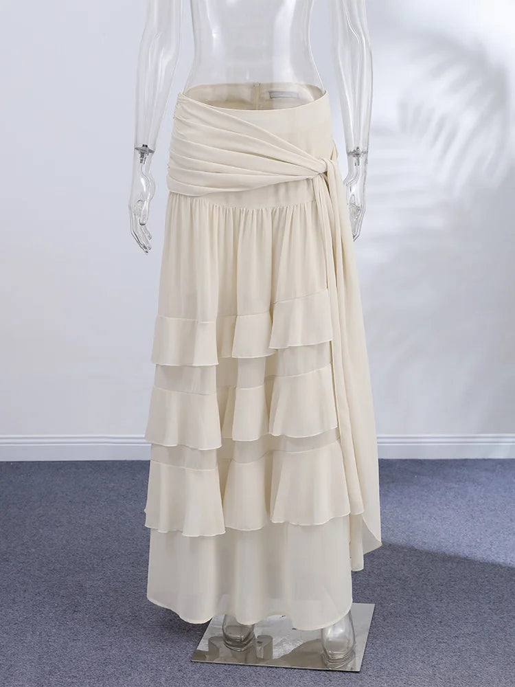 LIZAKOSHT  -  Women's Skirt Beige Ruffled Maxi Skirts Asymmetrical Tiered Hem Waist Tie Wrap Design Chiffon Bottom Vacation Wear Woman Clothes