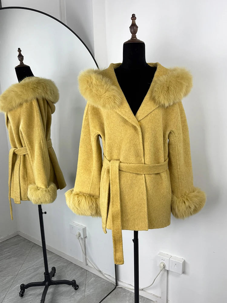 LIZAKOSHT  -  Elegant Lace Up Fur Patchwork Coat Women Loose Solid Long Sleeve V-neck Open Stitch Coats Female Autumn Fashion Jacket