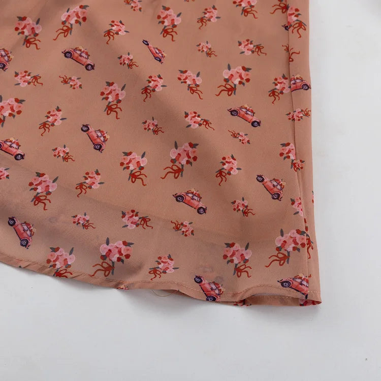 LIZAKOSHT  -  Fashion Printing Contrast Mini Dress For Women Turndown Collar High Waist Pleats Shirt Sleeve Patchwork Women's Mini Dress