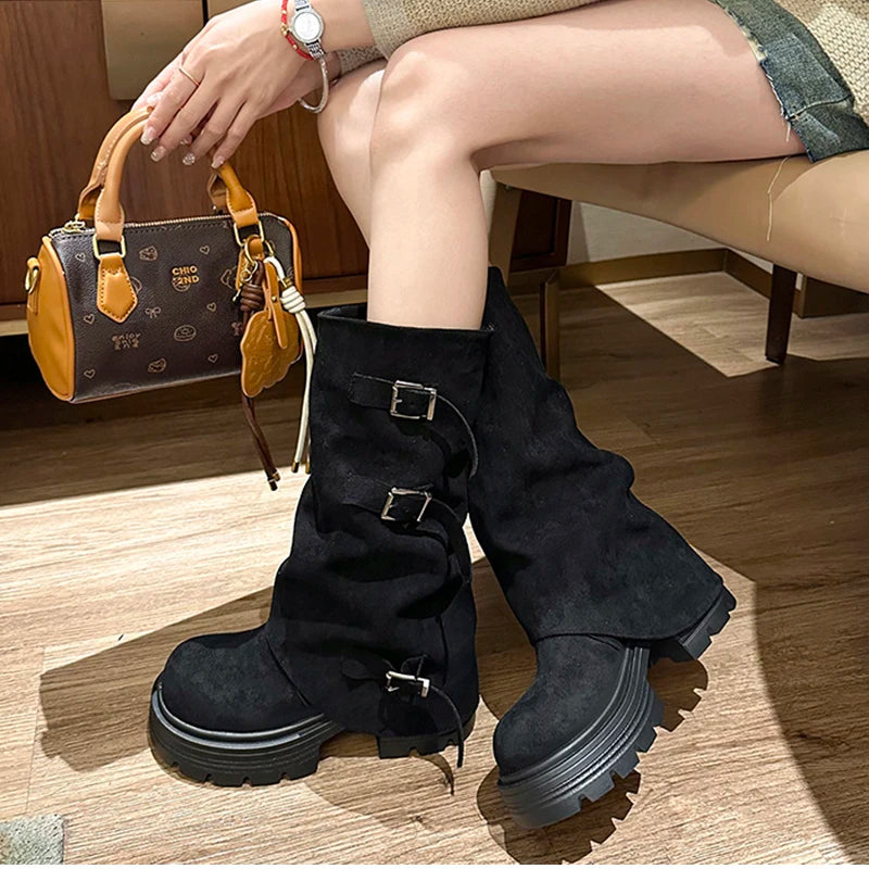 LIZAKOSHT  -  Winter Fashion Platform Thick Heel Woman Knight Boots Fashion Belt Buckle Slip On Mid Calf Booties