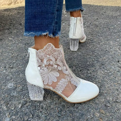 LIZAKOSHT  -  Ethnic Style Women Retro Lace High Heels Ankle Boots Autumn Embroider Pointed Toe Platform Short Boot Thick Heeled Pumps