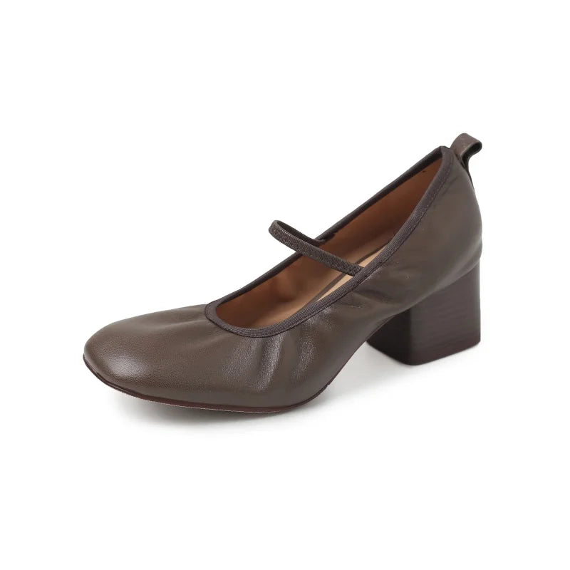 LIZAKOSHT  -  Fashion Pumps New High Quality Genuine Leather Shoes Round Head Elastic Band High Heels Mary Janes Shoes Women's Heels