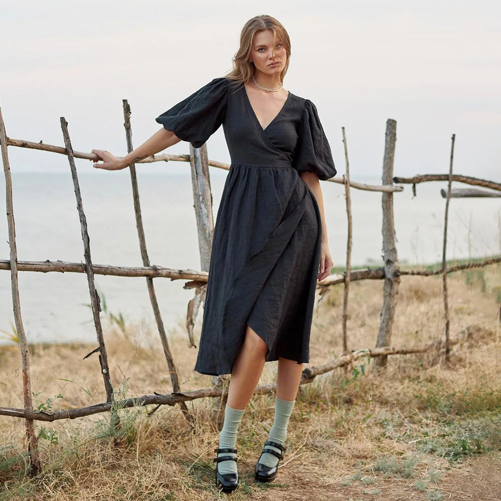 LIZAKOSHT  -  100% Cotton Women Fashion Puff Sleeve V-Neck Long Dress High Waist Elegant Boho Maxi Dress Vestidos Clothes