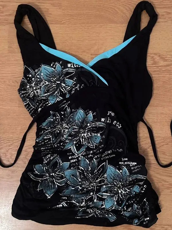 LIZAKOSHT  -  Vintage Black Print Patchwork Streetwear Tanks Women Grunge Bandage Fairy Camisole Summer Harajuku Sexy Y2k Aesthetic Tank Top