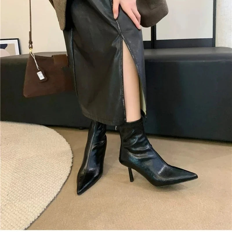 LIZAKOSHT  -   Soft Leather Elegant High Heel Short Booties Women Autumn Trendy Pointed Toe Modern Ankle Boots Formal Dress Daily Shoes