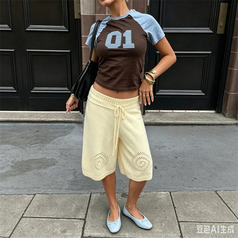 LIZAKOSHT  -  Women Y2k Drawstring Waist Knit Culottes Shorts Hollow Out Eyelet Floral Loose Wide Leg Mid Calf Capri Pants Loungewear Bottoms