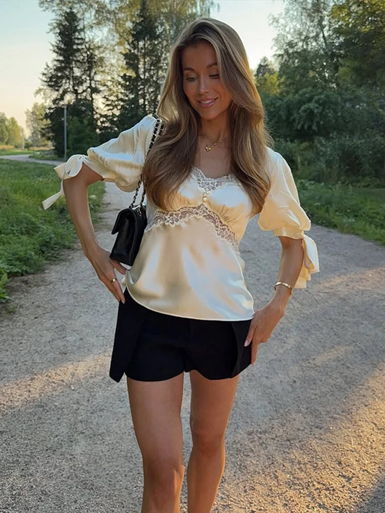 LIZAKOSHT  -  Satin Women's Top Lace Trim Puff Short Sleeve Square Neck Blouse Female Tie Cuff Casual Spring Fashion Chic Short Tops Ladies