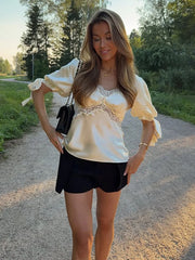 LIZAKOSHT  -  Satin Women's Top Lace Trim Puff Short Sleeve Square Neck Blouse Female Tie Cuff Casual Spring Fashion Chic Short Tops Ladies