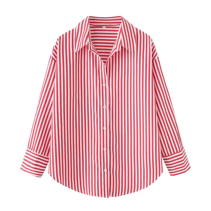 LIZAKOSHT  -  Tops Shirts Spring Women's 2025 New Chic Striped Elegant Loose V-neck Women's Shirts Street Casual Fashion Youth Office Blouses