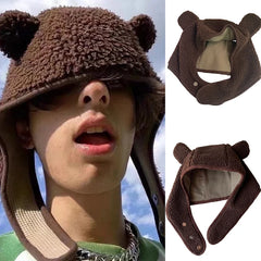 LIZAKOSHT Y2K Women Polar Fleece Ear Caps Autumn Winter Bomber Hat Cute Bear Warm Soft Earmuff Unisex Funny Beanie Skullies Travel Ski Cap