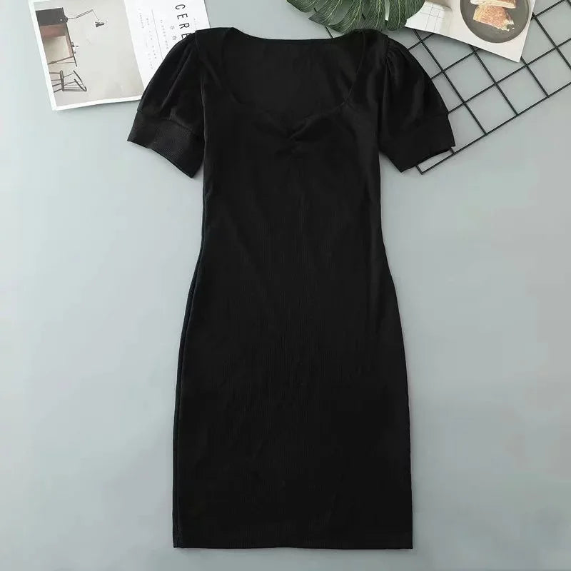 LIZAKOSHT  -  Sexy Mini Skirt Dress with Pleats Bodycon Short Dress Low Cut Square Collar Bubble Sleeve Women's Clothing Club Dress