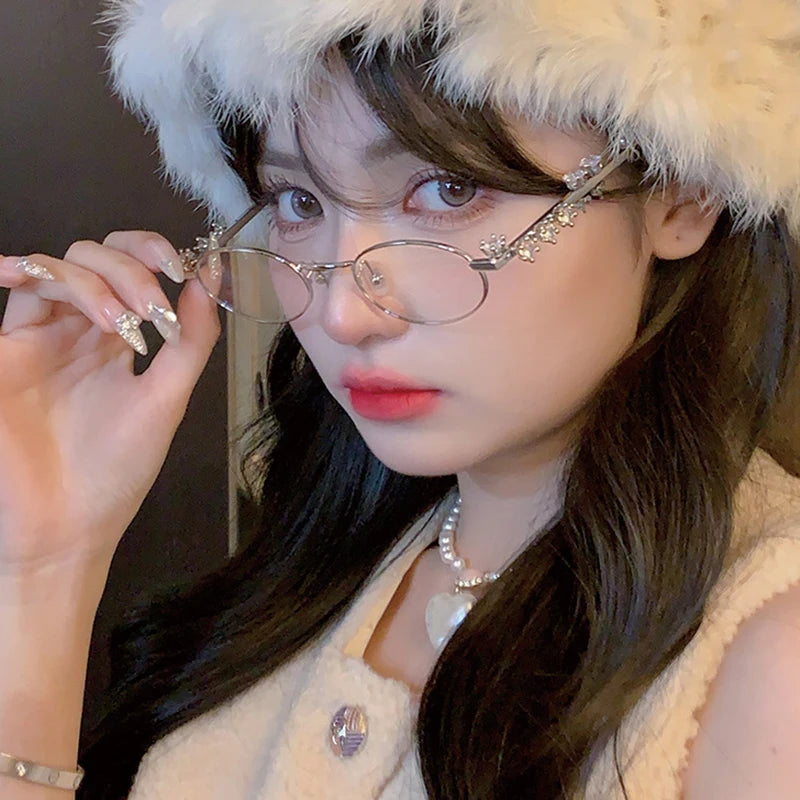 LIZAKOSHT  -  Women Retro Rhinestone Eyeglasses Girls Small Oval Shades Eyewear Metal Frames Anti Blue Light Reading Glasses Eyewears