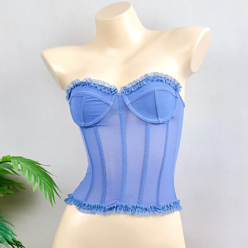 LIZAKOSHT -  Shapewear Strapless Top Women With Elastic Sexy Mesh Double Layered Back Straps Pleated Edges Slim Fit Simple Elegant In Summer