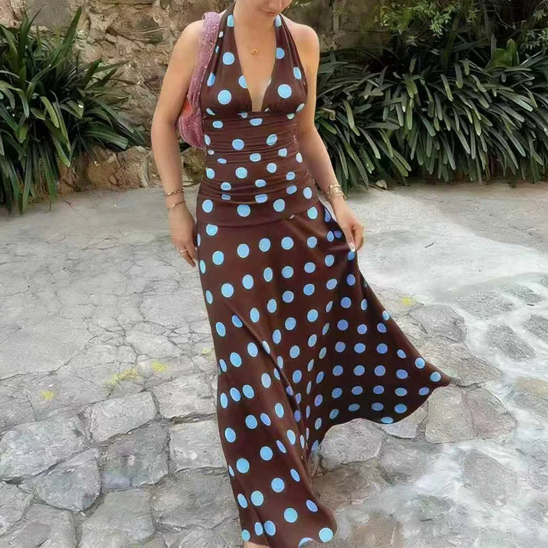 LIZAKOSHT  -  Elegant Polka Dot Backless Pleated Dress Temperament High Waist Sleeveless Dress Sexy Hanging Neck Off Shoulder Club Party Dress